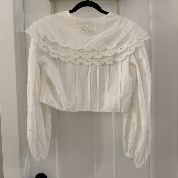 Farm Rio Off-White Richelieu Big Collar Blouse Cropped Eyelet Top Size medium - Picture 6 of 8